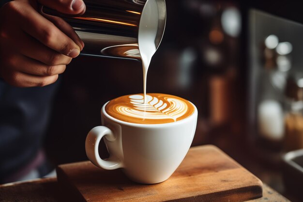 Photo barista pouring cream into coffee cup making latte art generative ai