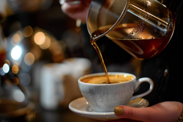 Photo barista pouring freshly brewed coffee into a cup generative ai