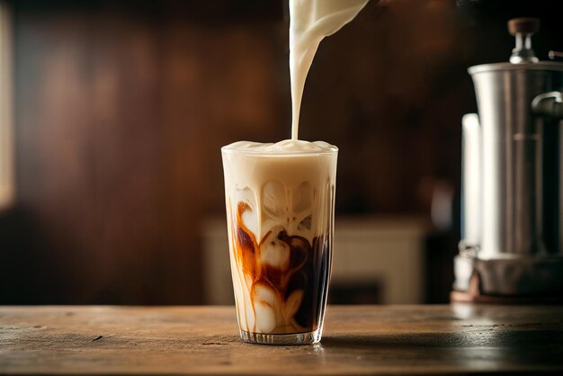 Barista che versa il latte caldo in un bicchiere alto con latte sul bancone del bar in legno interni accoglienti e rustici della caffetteria