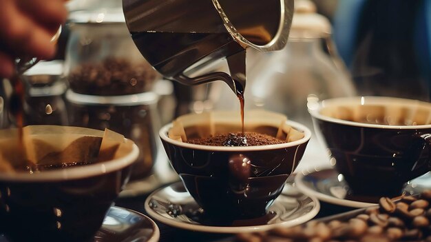 Barista pouring hot water from a gooseneck kettle over freshly ground coffee beans in a ceramic filter