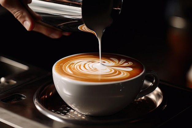 Barista pouring milk in a cup of latte art coffee Barista pouring milk into a cup of latte art coffee A coffee cup in a close up held by a baristas hand and pouring coffee AI Generated