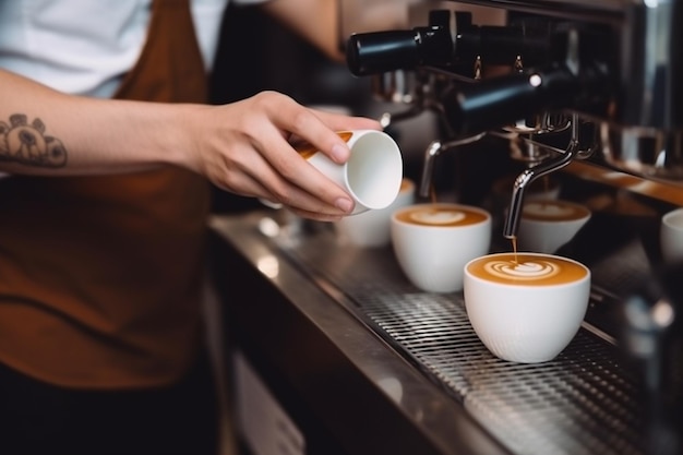 A barista pours coffee into a cup.