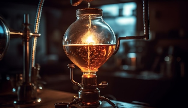 The barista pours a frothy cappuccino into a shiny glass generated by AI