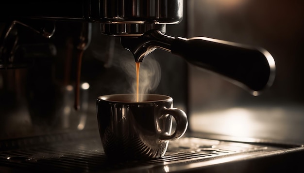 Il barista versa un cappuccino caldo e schiumoso in una tazza metallica all'interno generata dall'intelligenza artificiale