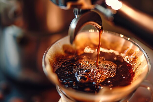 The barista pours hot water into the cup through a paper filter The process of brewing drip coffee using the pour over method