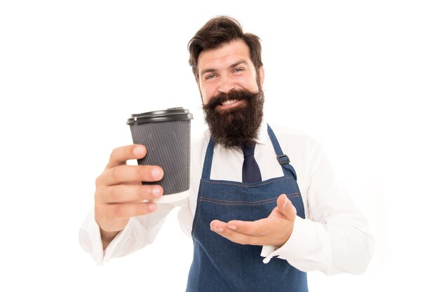 Barista prepared coffee for you. Enjoying fresh coffee. Mature barista in apron isolated on white. Robusta arabica blend. Take cup of fresh coffee to go. Bearded man hold paper coffee cup. Take away.