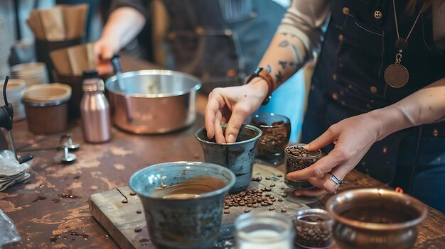 Photo barista preparing coffee coffee beans are poured from a glass jar into a ceramic cup on the table are various coffeemaking tools and ingredients