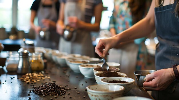 Photo barista preparing coffee samples for a tasting