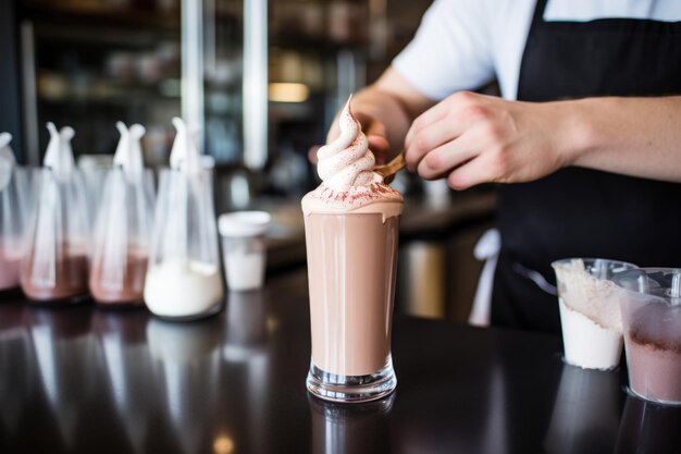 Foto barista che dà l'ultimo tocco a un frullato gourmet