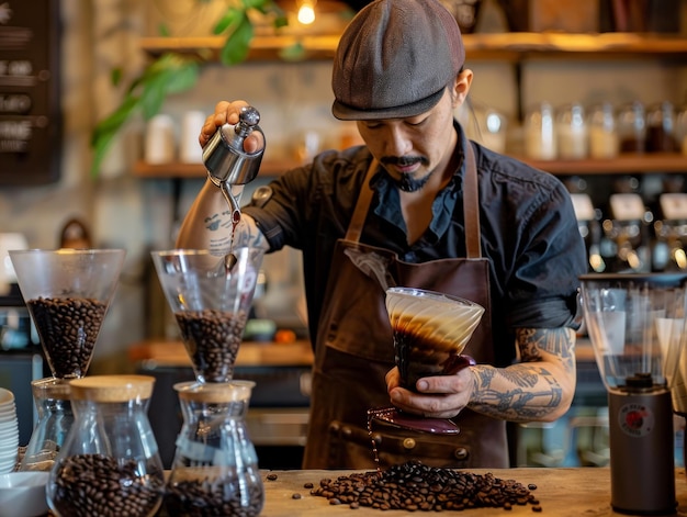 Barista schenkt een perfecte espresso omringd door aromatische koffiebonen