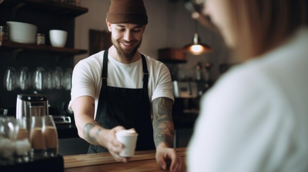 Foto barista serveert klant een kopje koffie in een coffeeshop generatieve ai aig21
