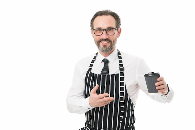 Barista. take away coffee. confident chef in apron. bearded man with cofee cup in glasses. catering business. cooking in kitchen. mature male cook isolated on white. morning coffee. smiling barista.