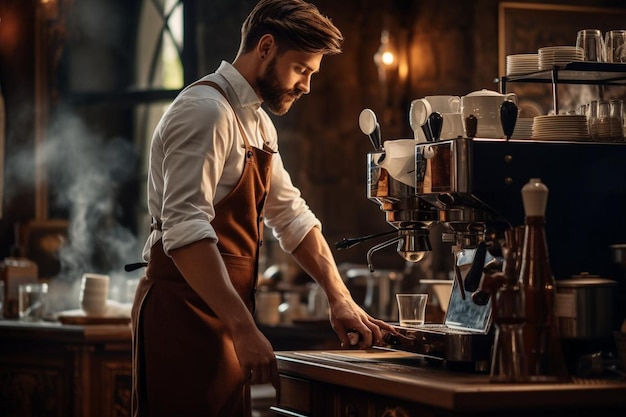 Barista using coffee machine in the cafe