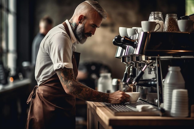 Barista using coffee machine in the cafe