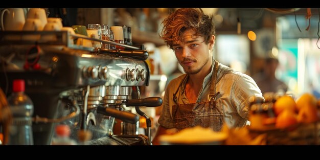 Barista with apron preparing coffee for customer in small cafe business concept