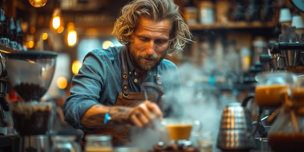 Бариста с фартуком готовит кофе для клиента в небольшом бизнес-концепции кафе