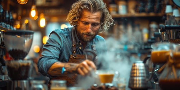 Barista with apron preparing coffee for customer in small cafe business concept