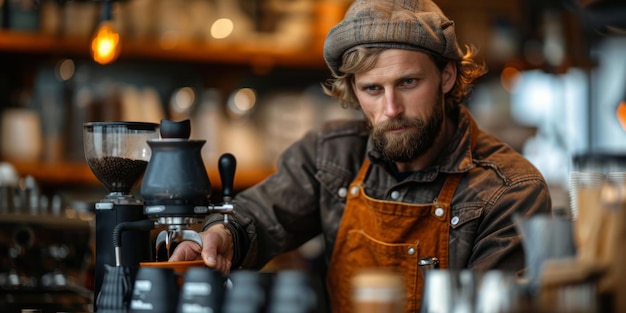 Barista with apron preparing coffee for customer in small cafe business concept