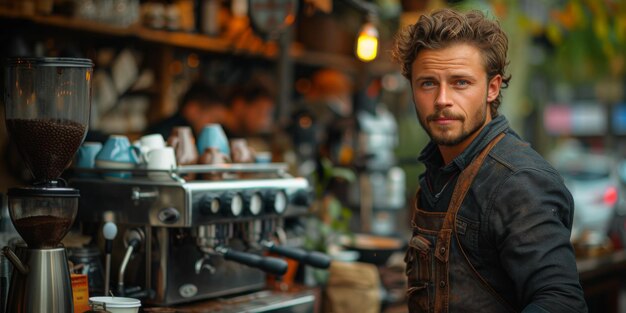 Barista with apron preparing coffee for customer in small cafe business concept