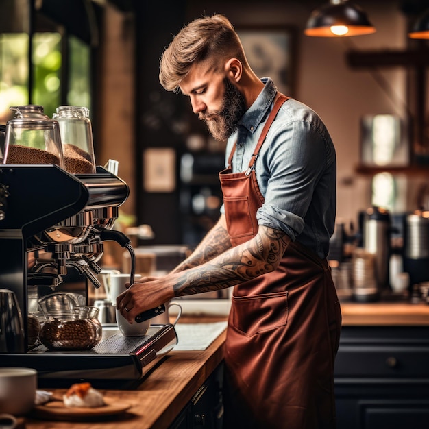 a barista with tattoos on his arm is making coffee