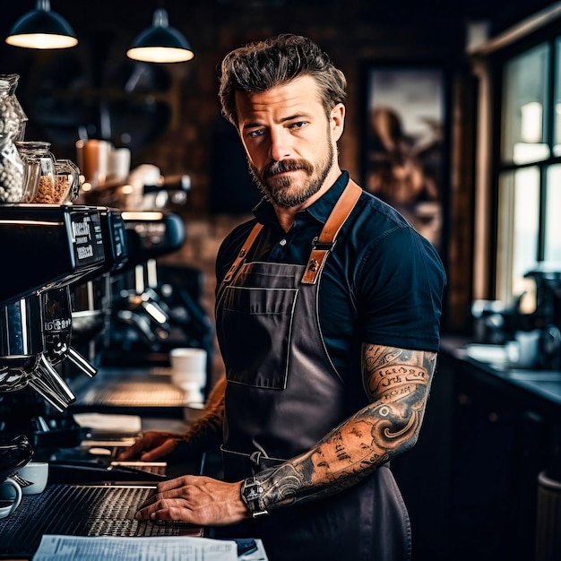 a barista with tattoos on his arm is making coffee