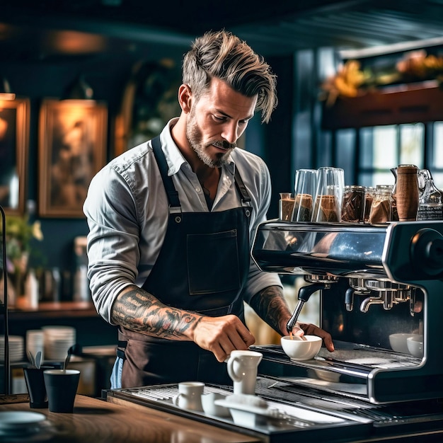 a barista with tattoos on his arm is making coffee