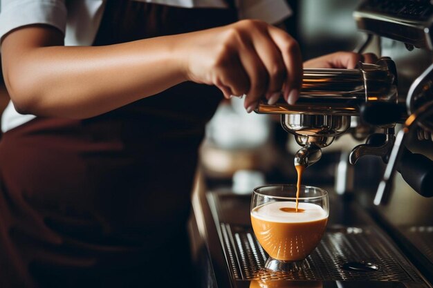 写真 カプチーノを作るバリスタの女性 ⁇ コーヒー飲み物を準備する女性 ⁇ ラテアートのコーヒーカップ