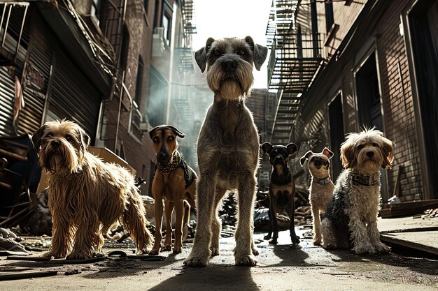 Photo the bark brigade a ragtag group of stray dogs led by a wise old schnauzer named rusty patrol the city protecting the forgotten corners and rescuing underdog citizens from trouble