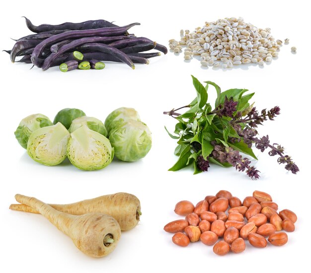 Barley Grains Group of Brussel Sprouts Sweet Basil fresh parsnip roots Mini white turnips Purple bean peanut on white background