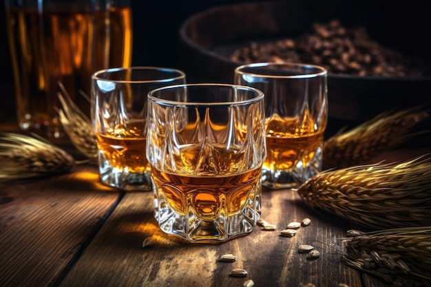 小さなグラスに入った熟成スコッチウイスキーを並べたヴィンテージの木製テーブルの横にある大麦粒