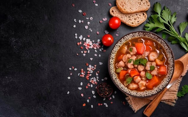 Barley soup with carrots tomato celery and meat on a dark background