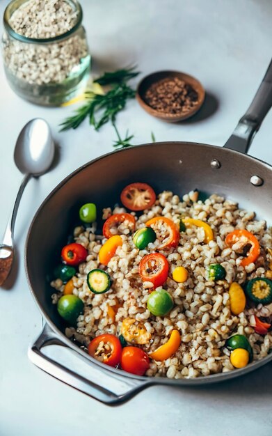 Barley with vegetables in the frying pan on the table