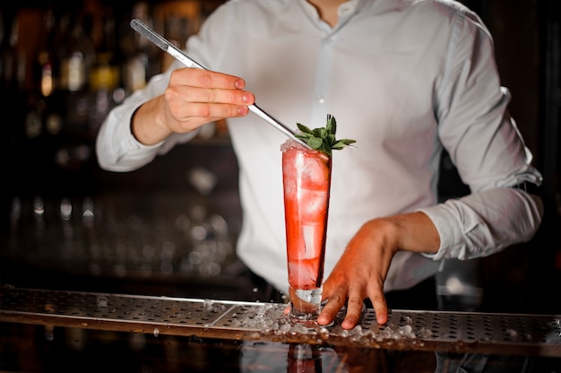 Barman adding the mint leaves to the fresh transparent red cocktail