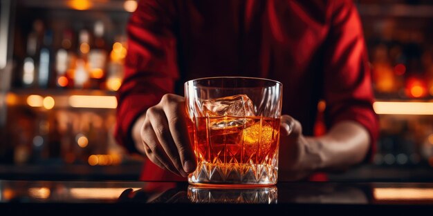 Barman hand holding a glass filled with cocktail on the bar