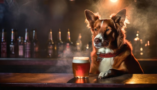 Foto barman hond die bier en whisky serveert bij de toonbank van een bar