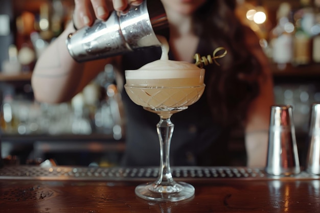 Barman pouring fresh alcoholic drink into the glass with ice cubes Professional bartender prepare a fresh cocktail Generative AI