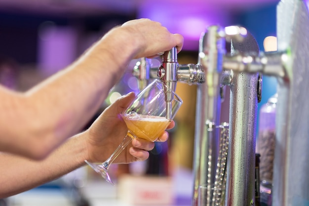 Barman in the pub pouring a lager beer in a glass