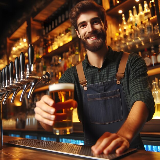 Photo barman serves glass of cold beer at bar counter in pub