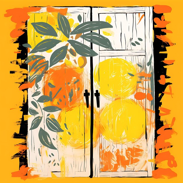 Barn door with leaf cutouts and creature motifs oranges and art concept ideas on white background