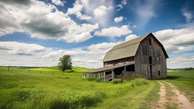 A barn in a field with a blue sky and clouds