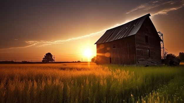 A barn in a field with the sun setting behind it