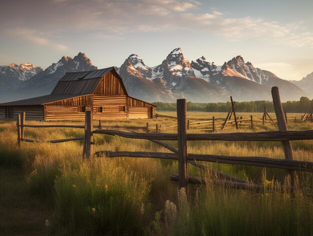 A barn in front of a mountain range