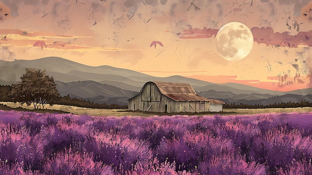 a barn is shown with a full moon in the background