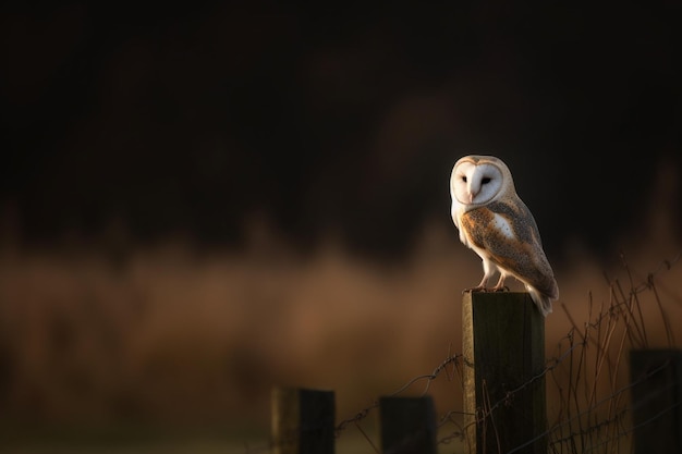 Barn owl on a fence post in the evening