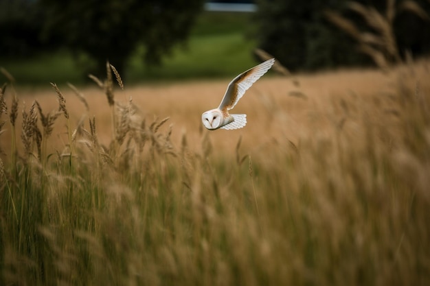 Photo a barn owl flies through a field of wheat.