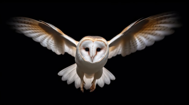 Barn owl fly on black background