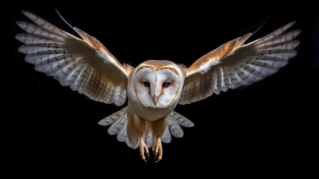 Barn owl fly on black background