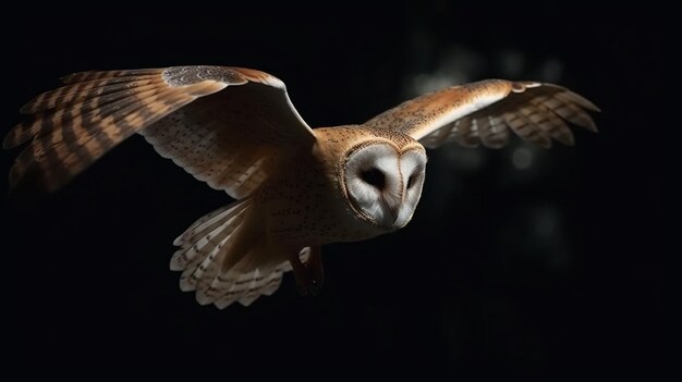 Barn owl from front side flying to the camera direction in the night