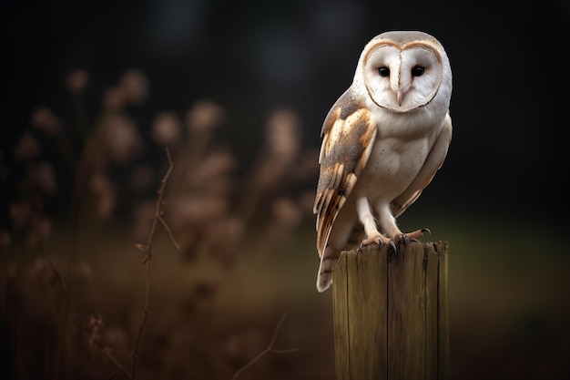 Barn owl perched on a fence post Generative AI