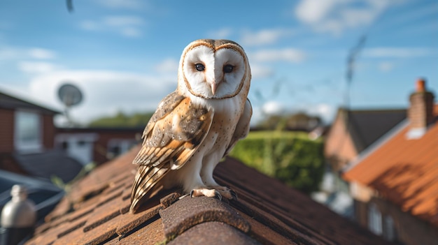 a barn owl perched on a roof in a residential area